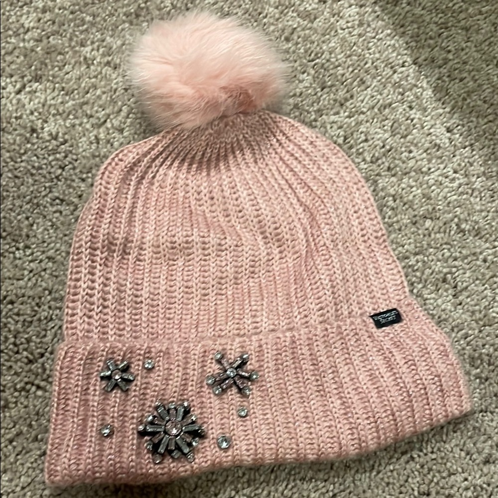 Victoria’s Secret Pink Beaded Pom Pom Knit Beanie